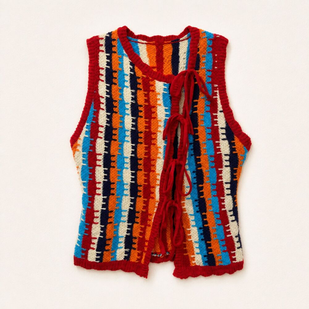 Cider Crochet Knit Tie Front Sweater Vest Multicolor Striped Cotton Blend Boho